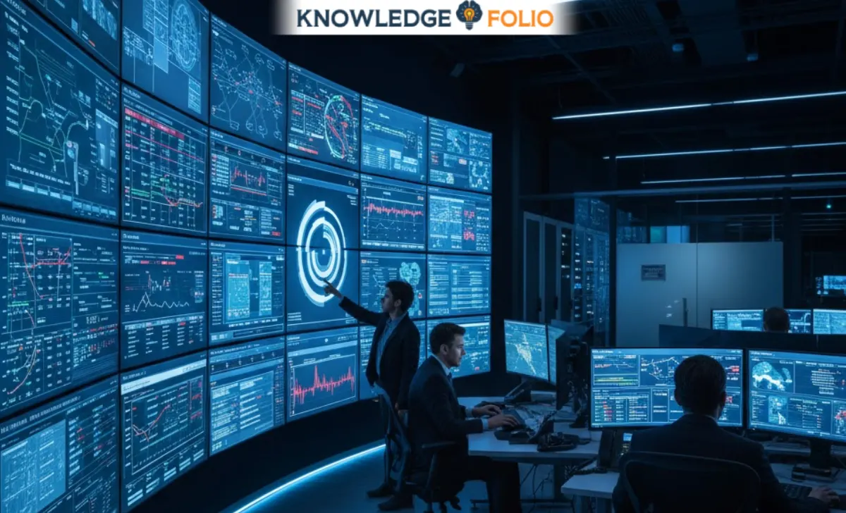 Network operations centre with security analysts monitoring dashboards and data visualisations