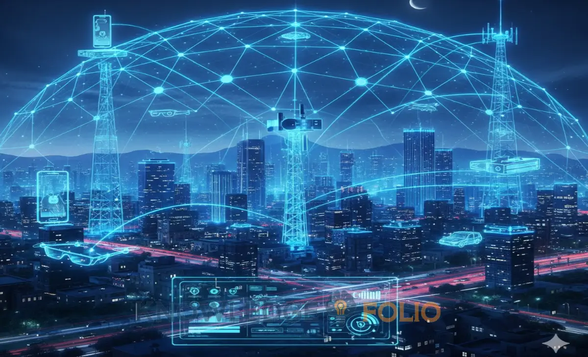 Futuristic 6G network connecting devices with glowing blue data lines.