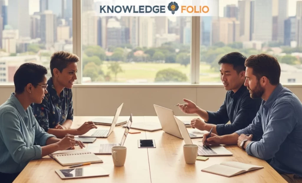 Diverse group of Australian entrepreneurs collaborating with laptops and notebooks in a bright modern co-working office.
