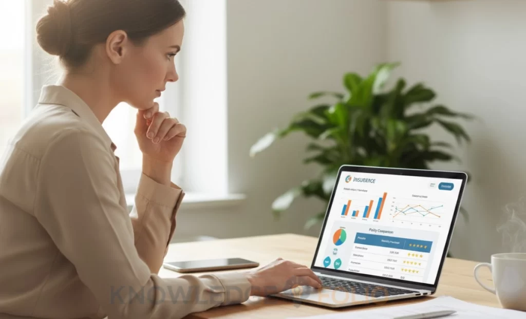 Person comparing insurance company ratings and policies on laptop