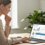 Person comparing insurance company ratings and policies on laptop