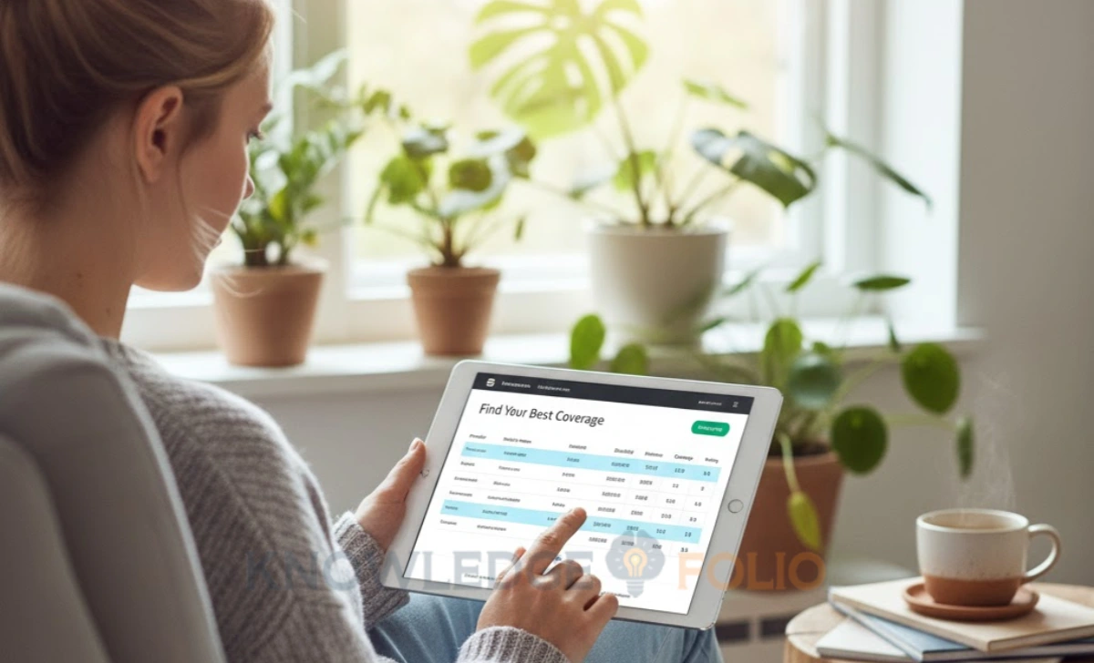 Person using a tablet to compare insurance policies on a website in a home office with plants in the background.
