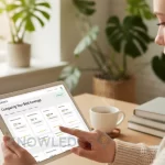 Person using a tablet to compare insurance quotes in a bright, organized home office with plants and a coffee cup on the desk.