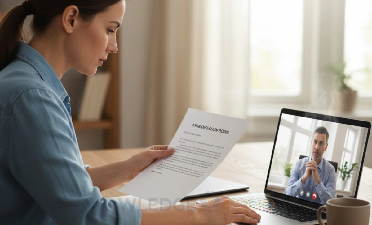 Person reviewing insurance claim denial letter and preparing an appeal