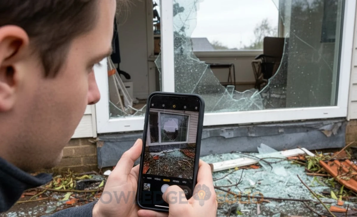 Homeowner taking photos of storm damage for insurance claim evidence