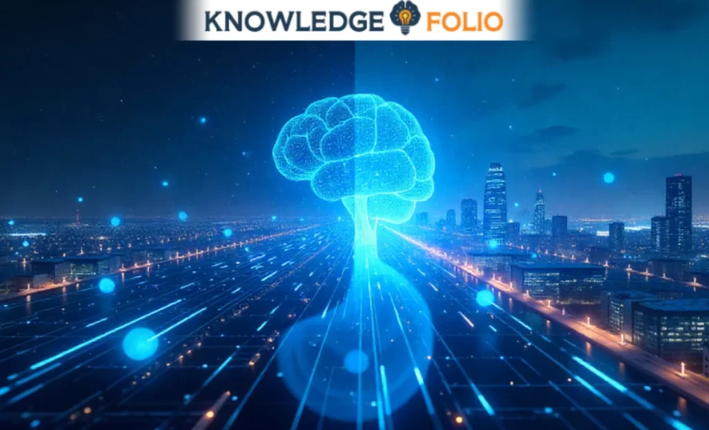 Futuristic visualization of 2025 technology trends including AI agents, edge servers, 6G networks, quantum processors, and sustainable energy solutions integrated in a smart-city environment.