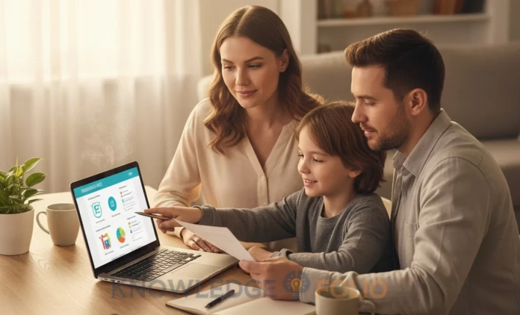 Family reviewing insurance plans together at dining table with laptop and documents