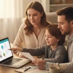 Family reviewing insurance plans together at dining table with laptop and documents