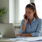 Person filing an insurance claim by phone with documents and laptop on desk