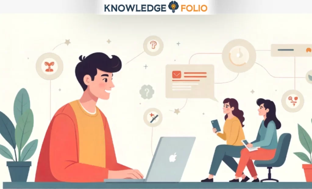 Illustration of a first-time entrepreneur connecting with early customers through networking, online communities, and outreach to grow their startup.