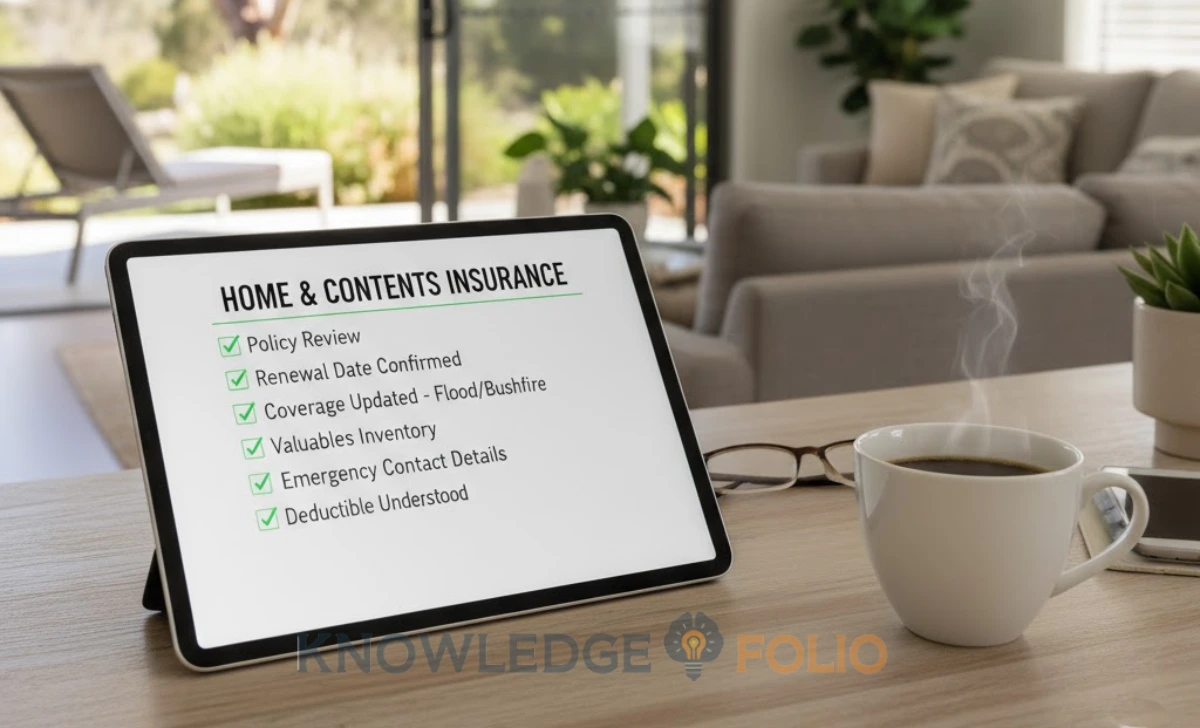 Tablet showing a completed insurance checklist with life, health, and term insurance ticked off, next to a coffee cup on a modern desk in an Australian home.