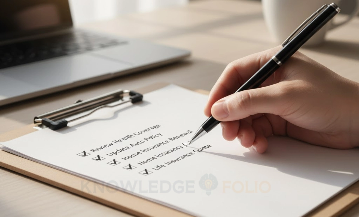 Close-up of a hand holding a pen while marking items on an insurance comparison checklist on a clipboard, with life, health, and term insurance options visible.