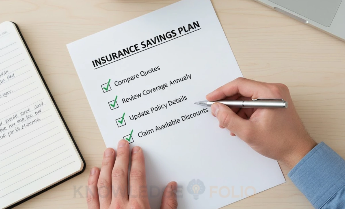 Checklist for reducing insurance costs through comparing quotes, adjusting deductibles, and reviewing coverage.