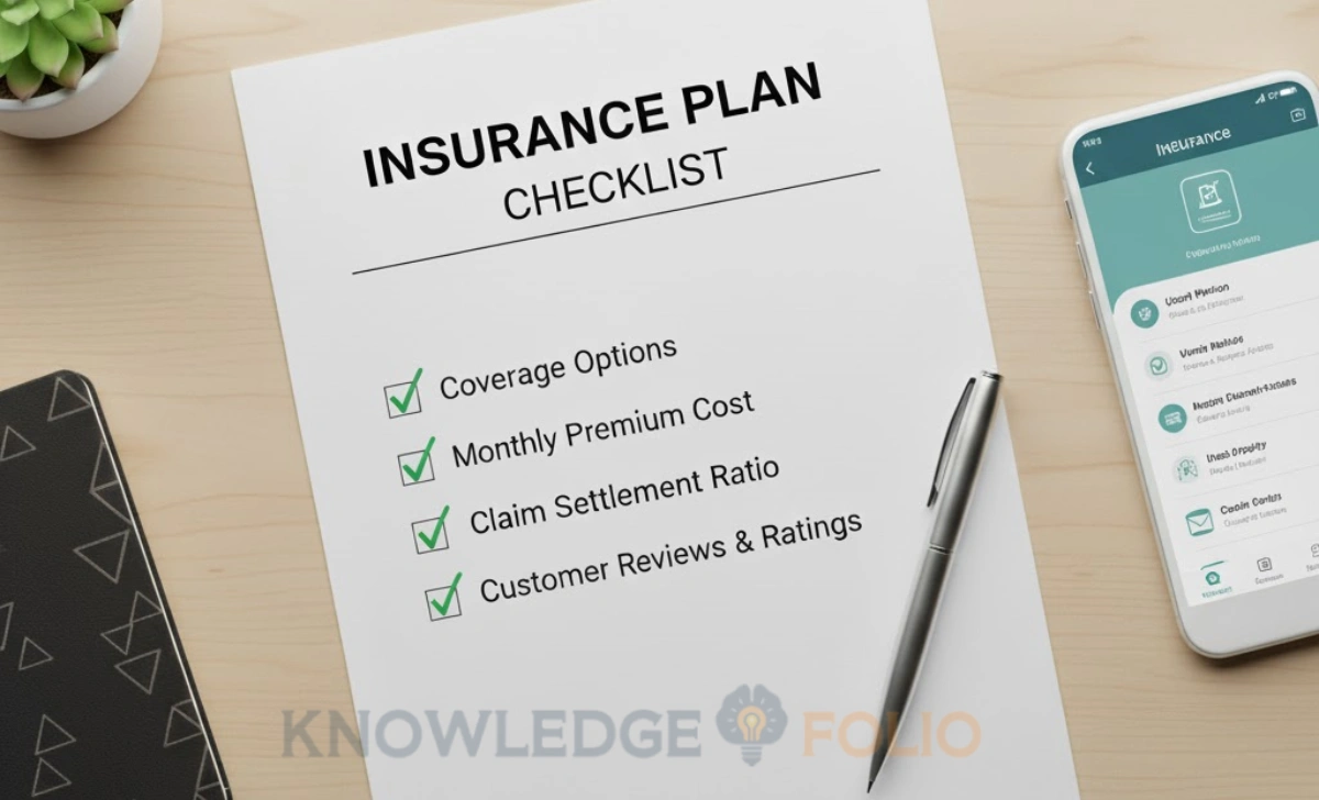 Checklist of insurance plan evaluation points including coverage, premium, and claims rating.