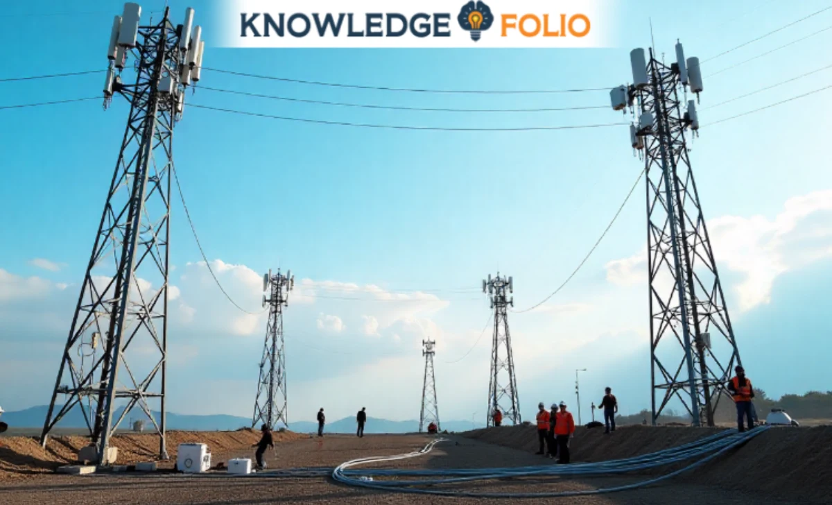 Network technicians installing 6G infrastructure including cell towers and fiber connections