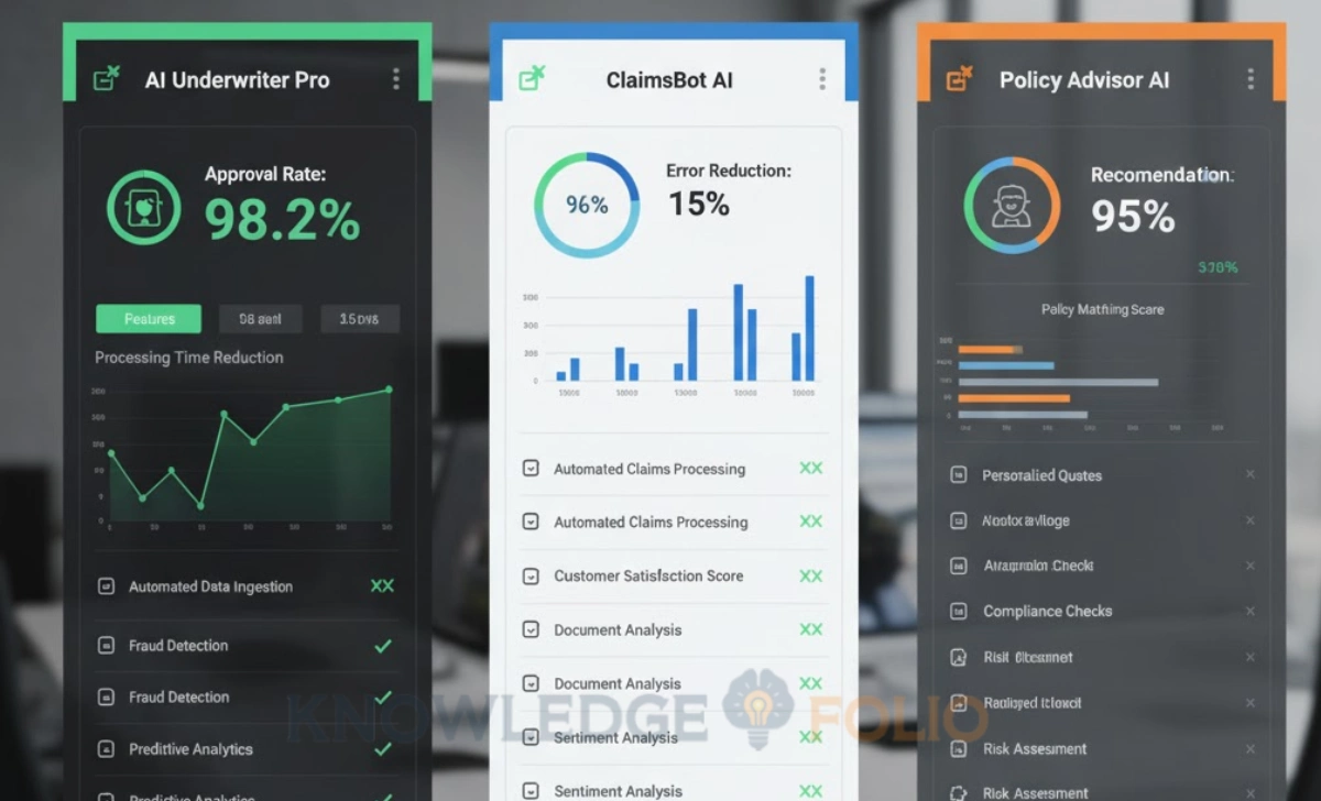 Comparison dashboard showing features and metrics of top AI insurance automation tools