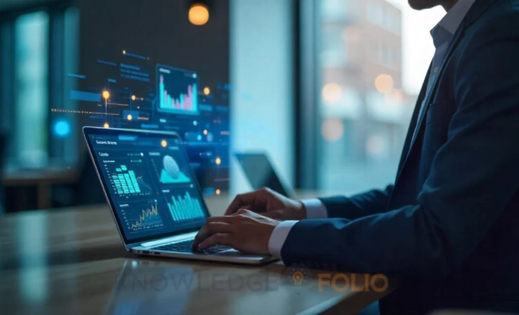 Insurance professional analyzing AI data dashboards on laptop, representing artificial intelligence in underwriting, claims, and fraud detection.