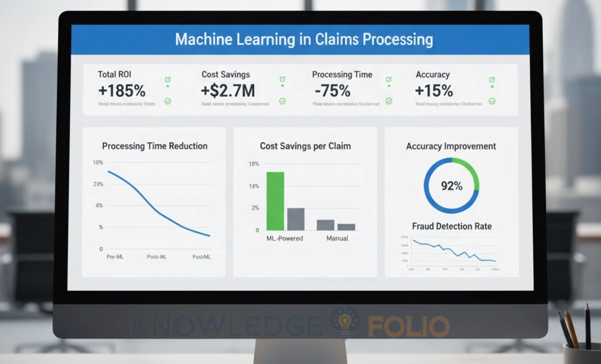 Analytics dashboard showing ML claims processing benefits with ROI metrics and performance graphs