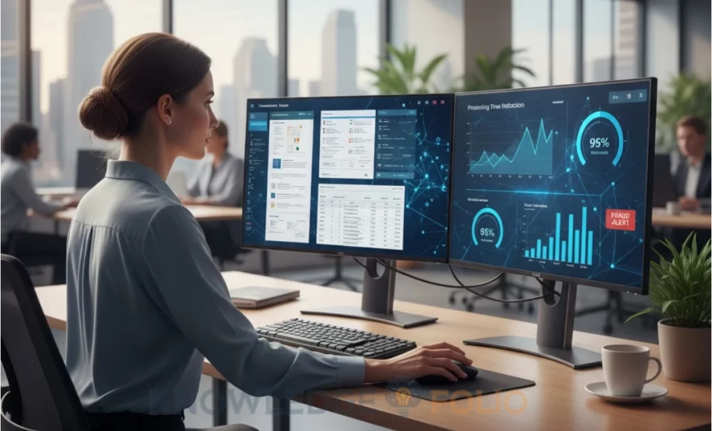 Insurance analyst using AI dashboards for automated document review, damage assessment, and fraud detection powered by machine learning.