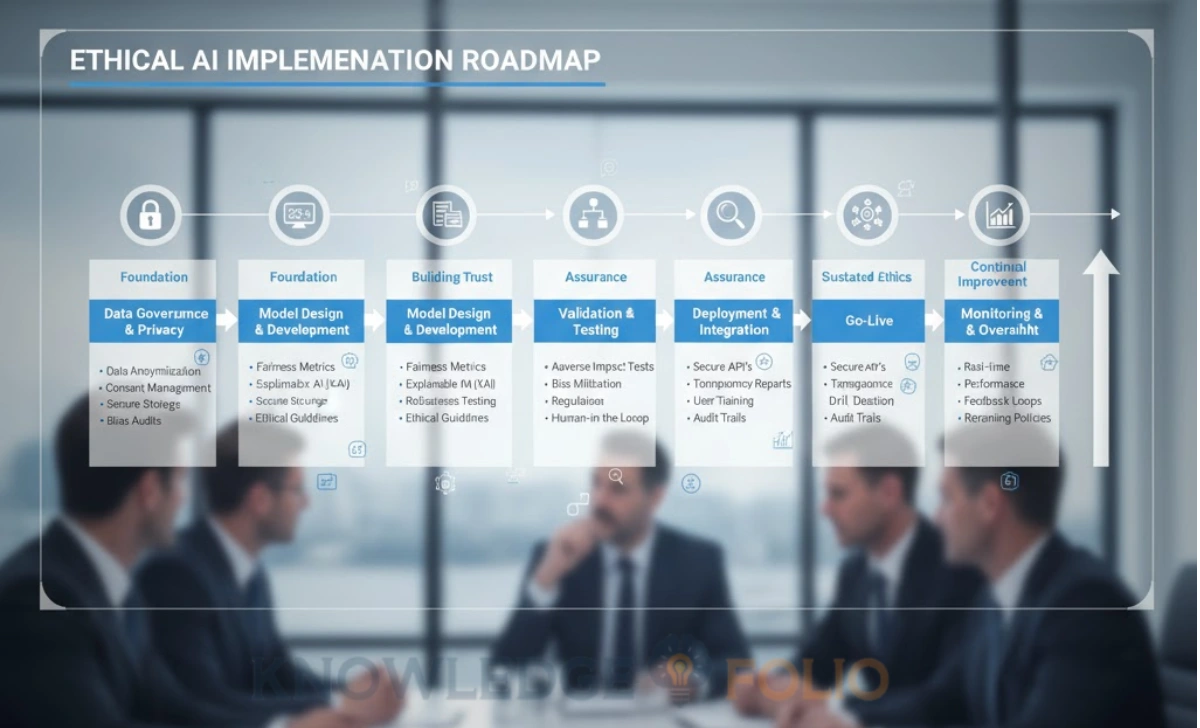 Implementation roadmap showing stages of ethical AI deployment with governance checkpoints