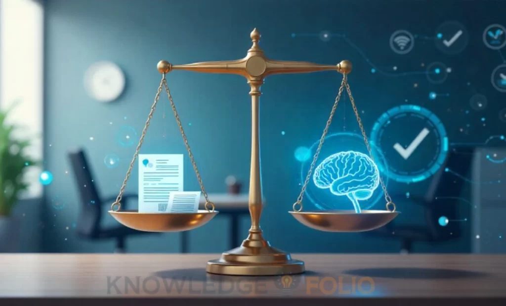 Illustration of balanced scales representing fairness in insurance, showing human oversight alongside AI systems ensuring transparent and ethical decision-making.