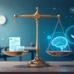 Illustration of balanced scales representing fairness in insurance, showing human oversight alongside AI systems ensuring transparent and ethical decision-making.
