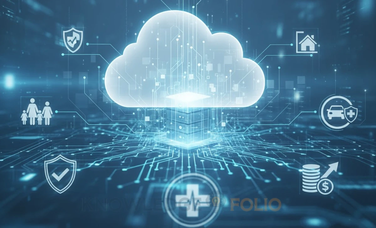 Abstract visualization of cloud infrastructure and data analytics for insurance AI