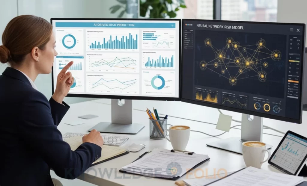 Two insurance analysts examine AI-powered risk prediction dashboards beside traditional underwriting reports, illustrating how machine learning improves insurance risk assessment accuracy.