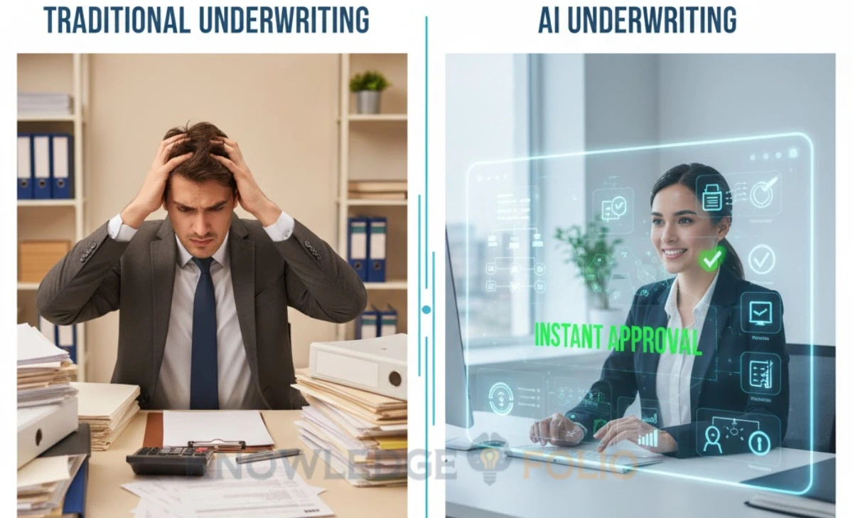 Comparison of traditional manual underwriting versus AI-powered automated underwriting process