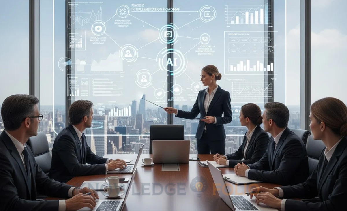 Insurance executives planning AI strategy in boardroom with implementation roadmap