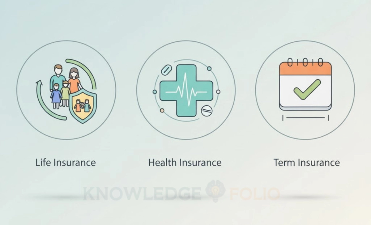 Three illustrated icons showing life insurance (family protection), health insurance (medical cross), and term insurance (calendar with checkmark) in a clean, modern design with soft colors.