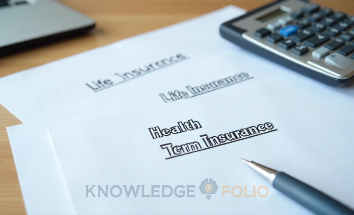 Illustration of a family protected by an umbrella labeled insurance, symbolizing life, health, and term insurance coverage differences.