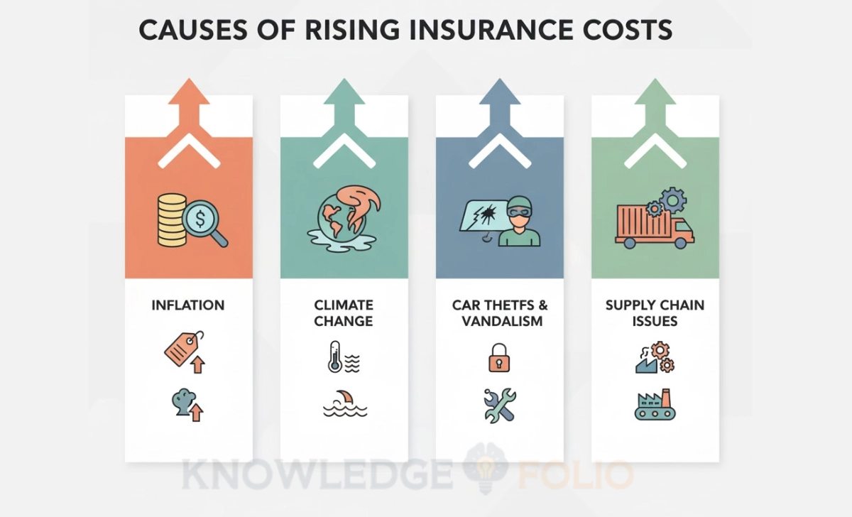Infographic showing inflation, weather damage, and theft as causes of rising insurance costs.
