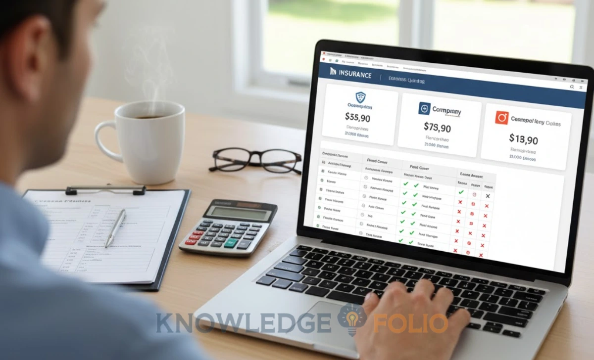 Person using a laptop to compare multiple insurance quotes side-by-side with a checklist of coverage features and a calculator on the desk.