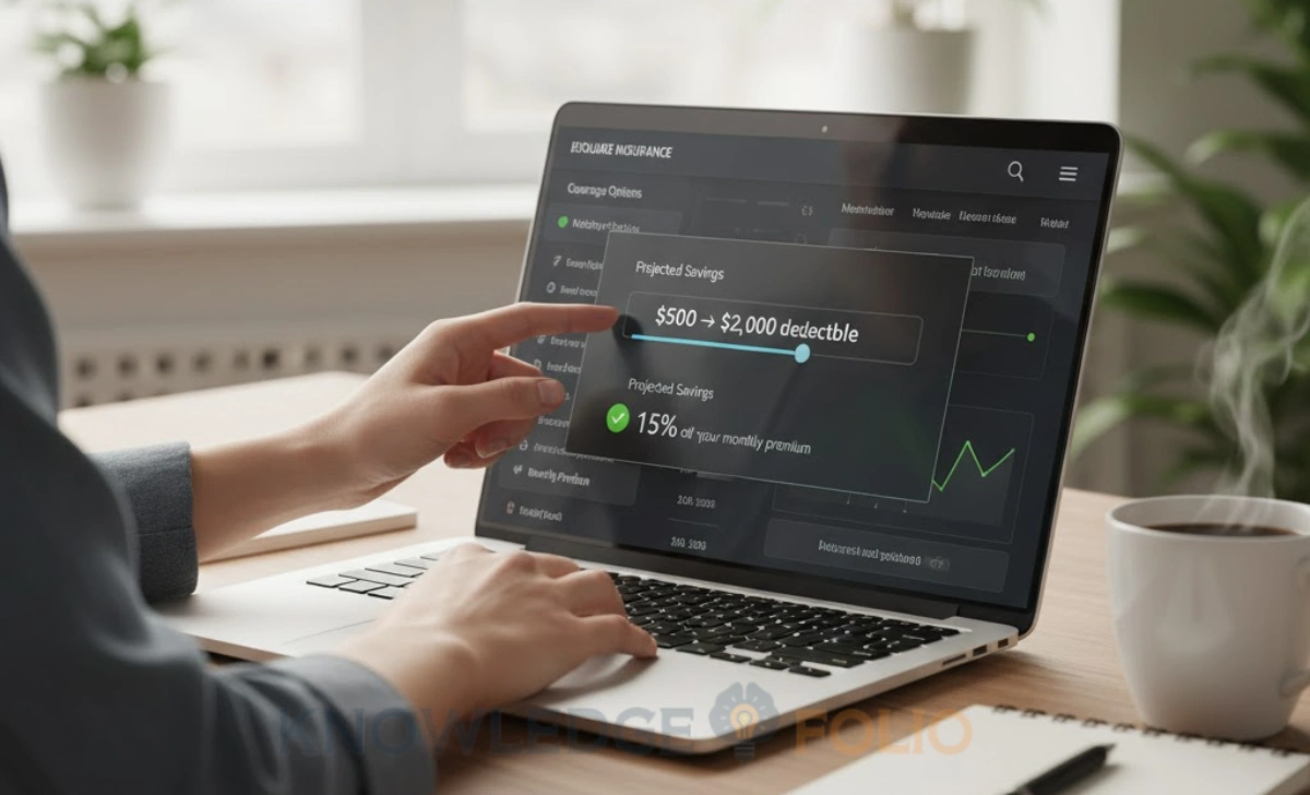 Person changing deductible amount on an insurance website to calculate potential savings.