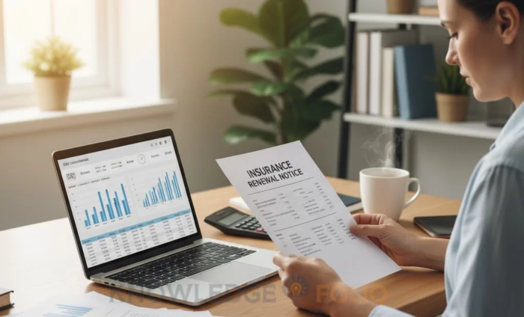 Person reviewing insurance policy renewal notice and documents at desk