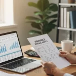 Person reviewing insurance policy renewal notice and documents at desk