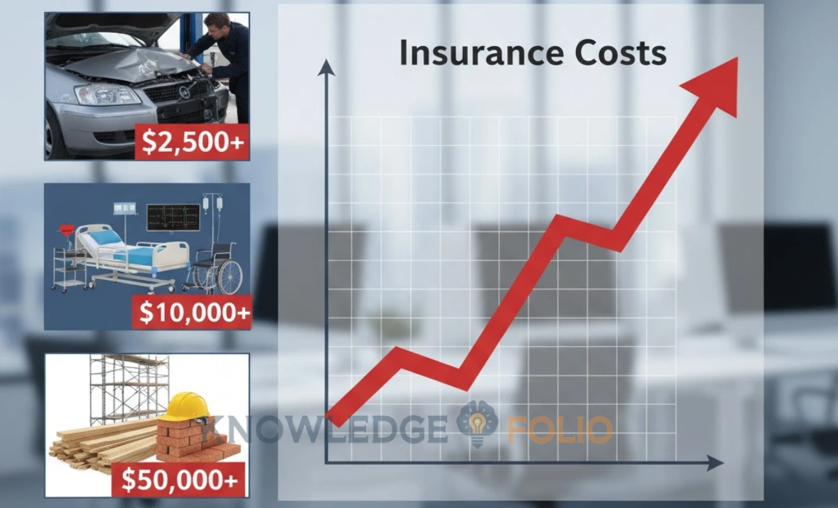 Upward-trending graph of insurance costs with images of car repairs, medical equipment, and construction materials showing rising prices.