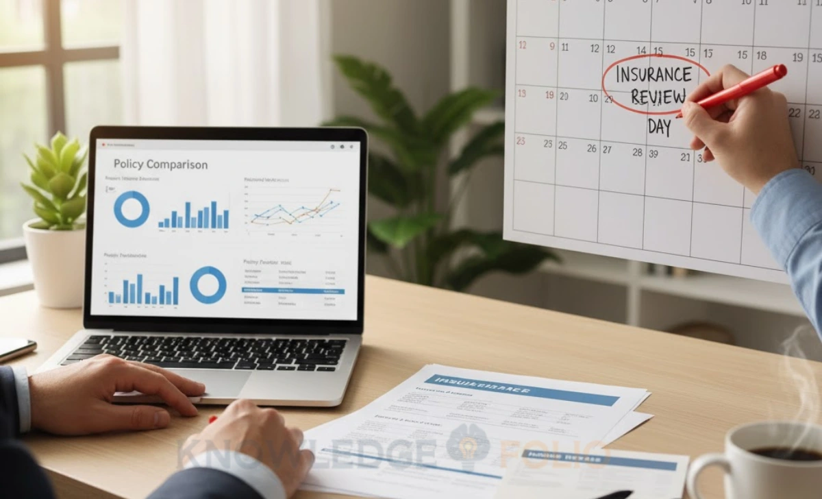 Person writing “Insurance Review Day” on calendar with documents nearby.