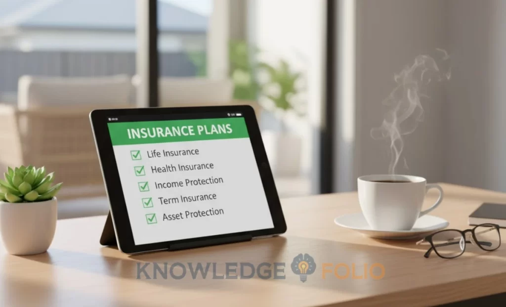 Comparison visual showing life insurance family protection and health insurance medical coverage with policy documents