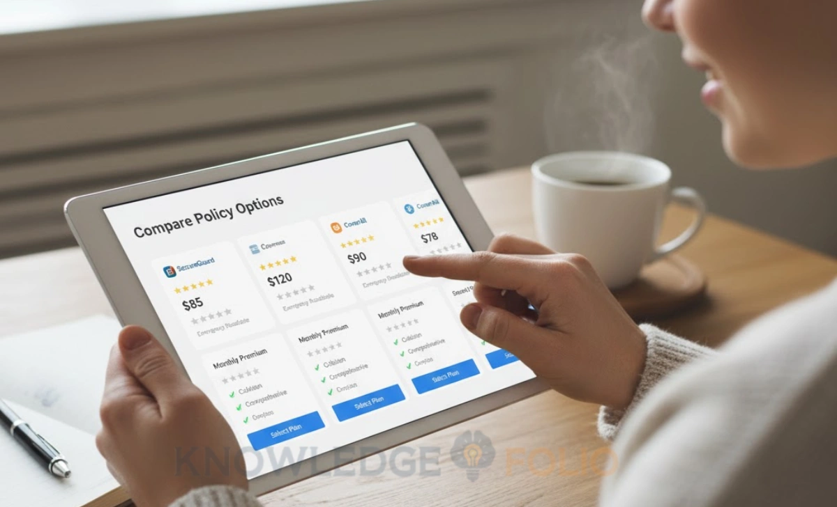 Tablet displaying insurance comparison chart with multiple companies and coverage details