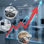 Upward-trending insurance premium graph with car repairs, hospital equipment, and construction materials showing inflation and rising costs.