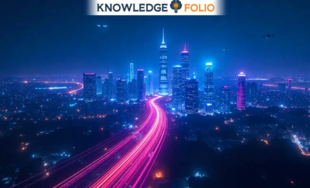 Illustration of 6G wireless connectivity showing data streams between satellites, buildings, and devices, representing future mobile networks and business technology transformation.