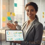 Startup founder presenting a validated business plan in a modern workspace.