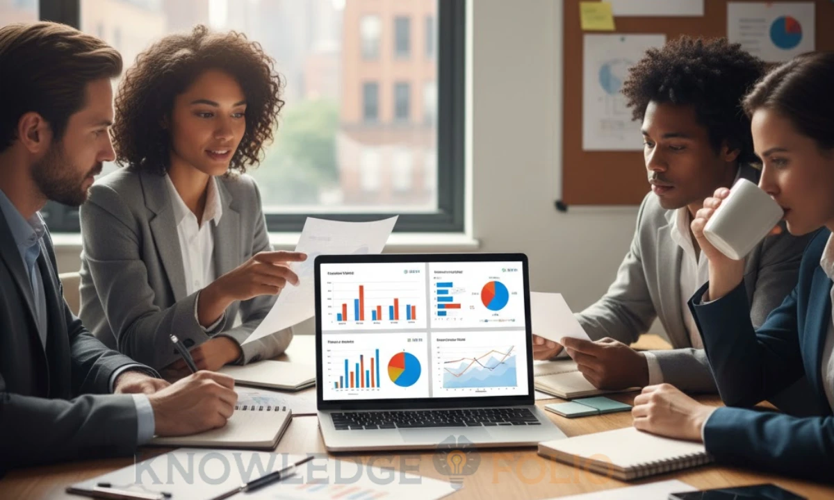 Startup team reviewing their business plan data together.