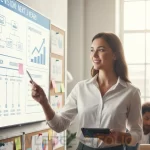 Founder presenting startup strategy roadmap on whiteboard